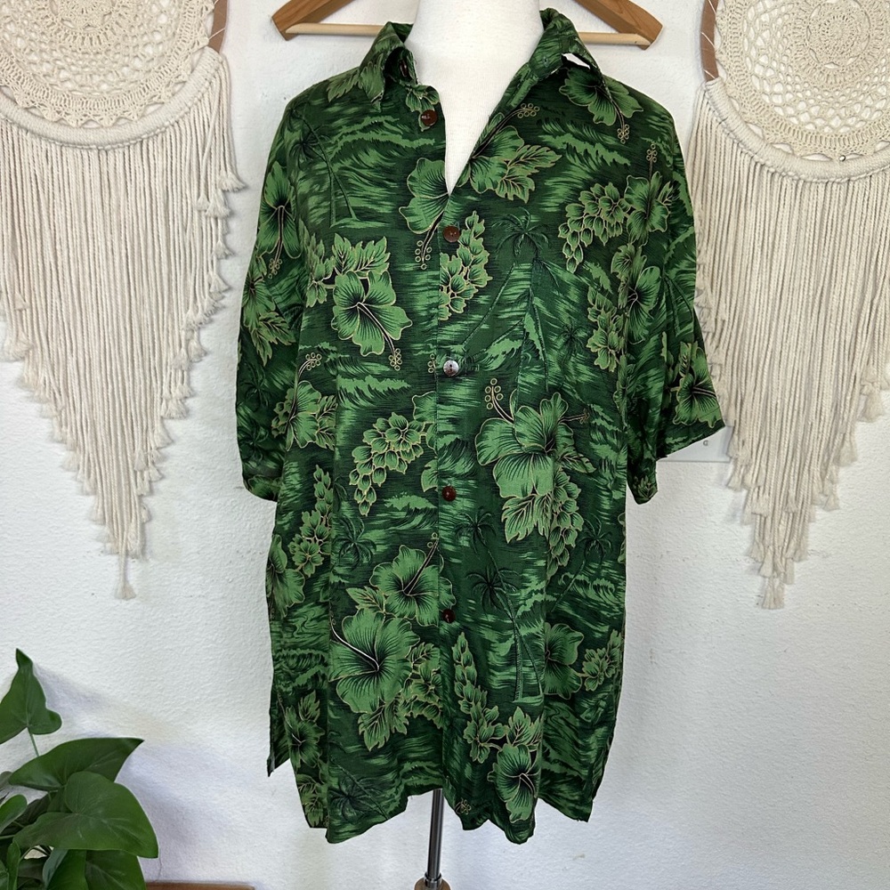 Blue Sky Tropical Green Leaf Hawaiian Mens Shirt Large